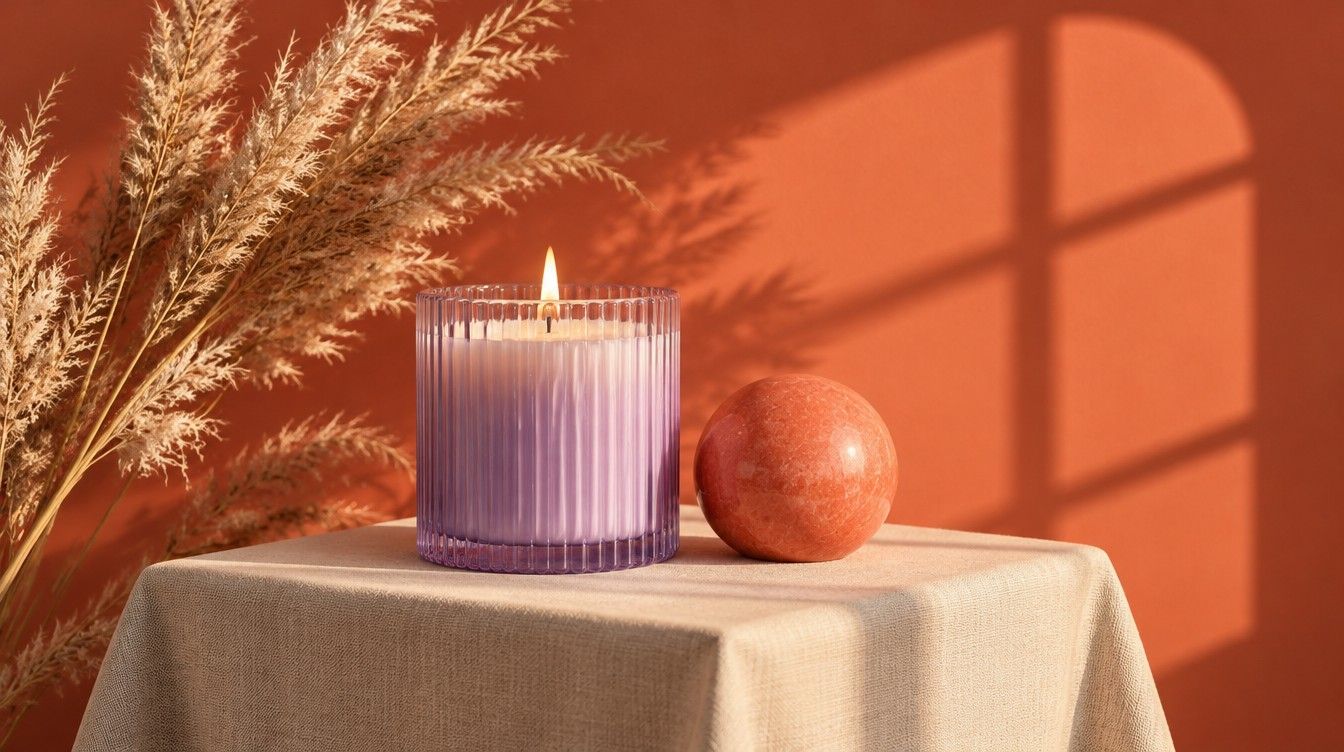 A lit lilac candle in a ribbed glass jar beside a coral stone sphere and pampas grass on a linen-covered table, with a window shadow on a coral wall.