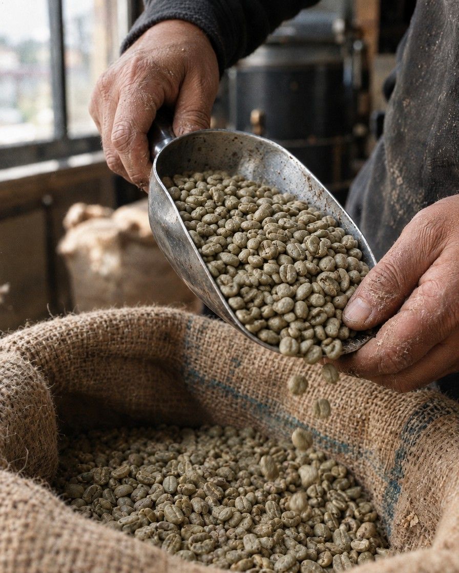 Weathered hands lifting a metal scoop of raw green coffee beans out of an open burlap sack, a few beans falling back in.
