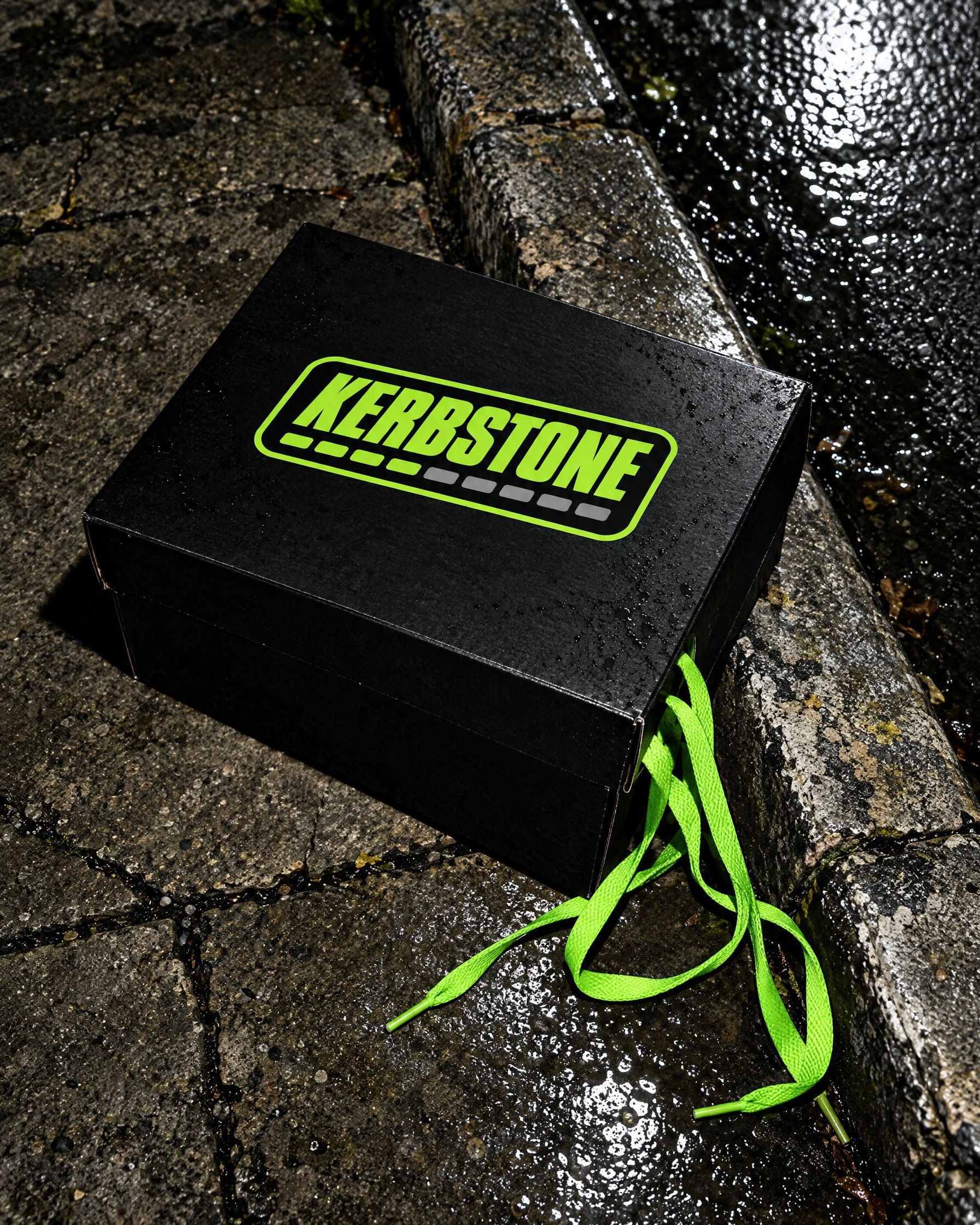 A black Kerbstone shoebox with its lime logo sticker on wet paving by a kerb, lime laces spilling out, shot with hard flash.