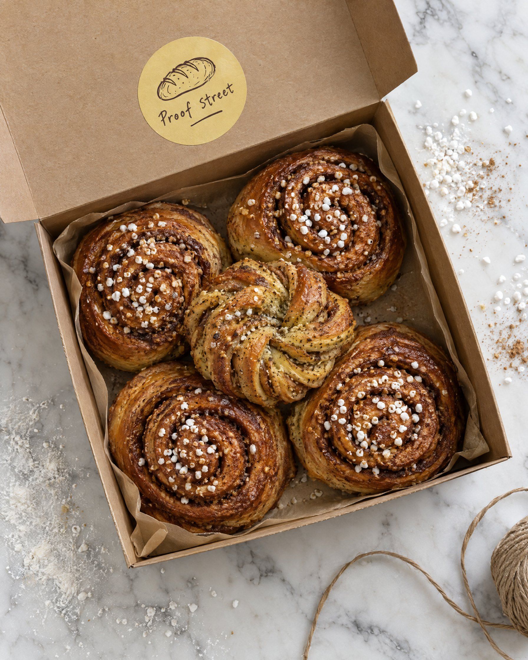 An open kraft box of cinnamon buns and a cardamom knot with a round yellow Proof Street sticker, on white marble.