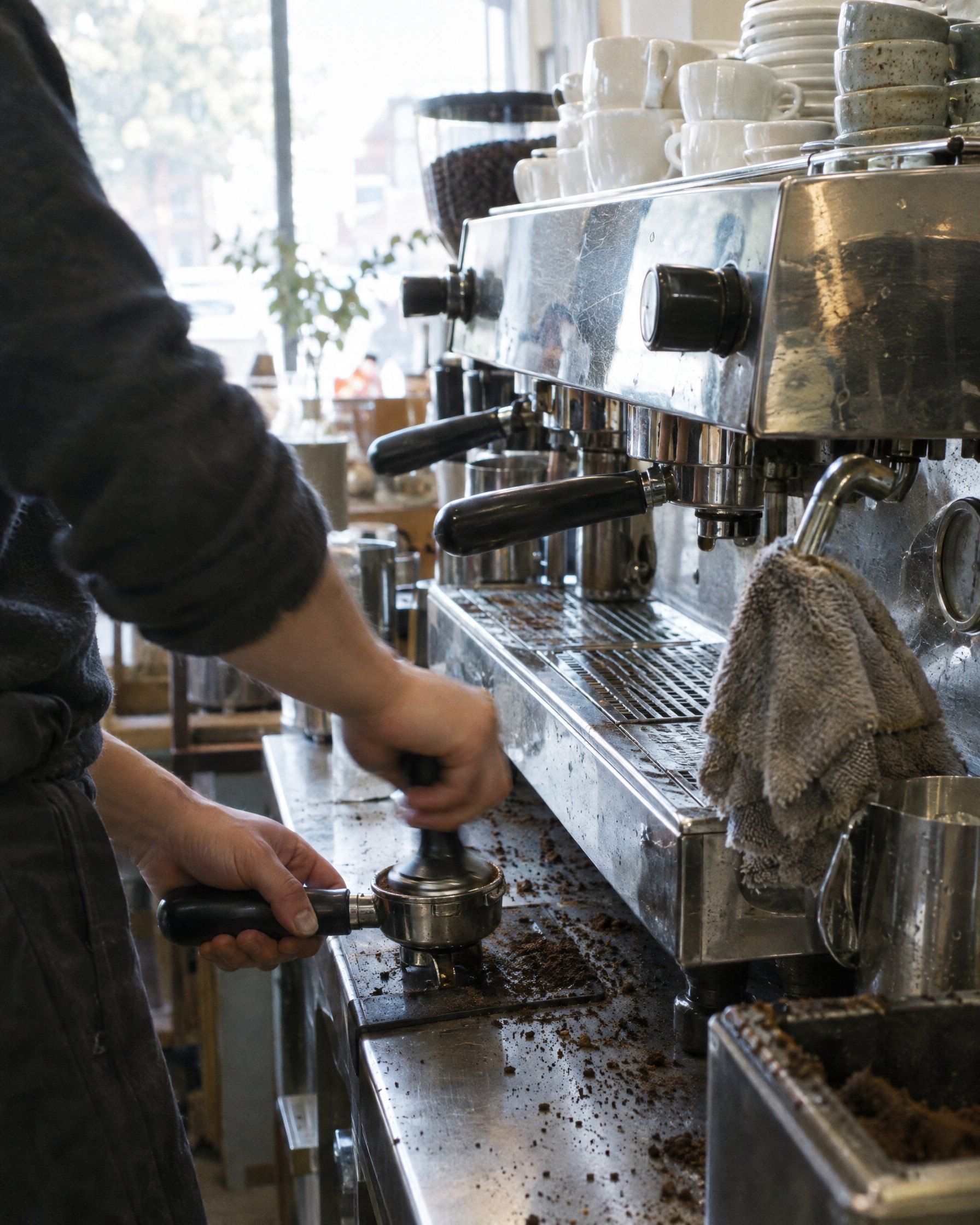 A barista tamping espresso beside a well-used stainless espresso machine, grounds scattered across the counter.