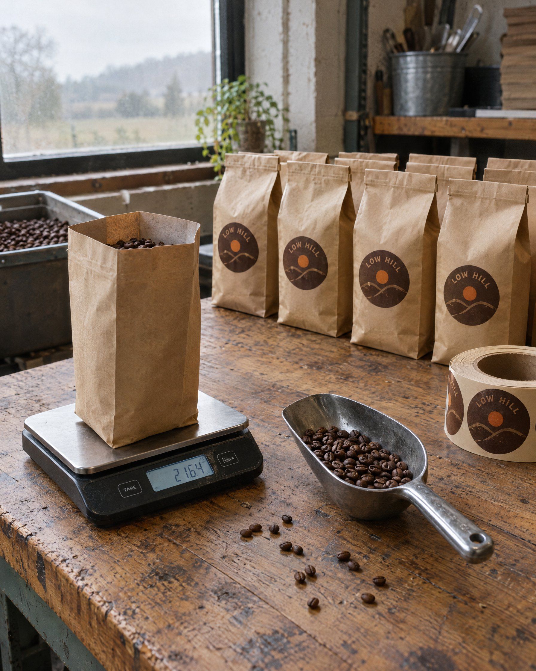 A roastery packing bench: beans weighed into a kraft bag on a scale, a row of filled bags with the Low Hill stamp label, a roll of labels and a metal scoop.