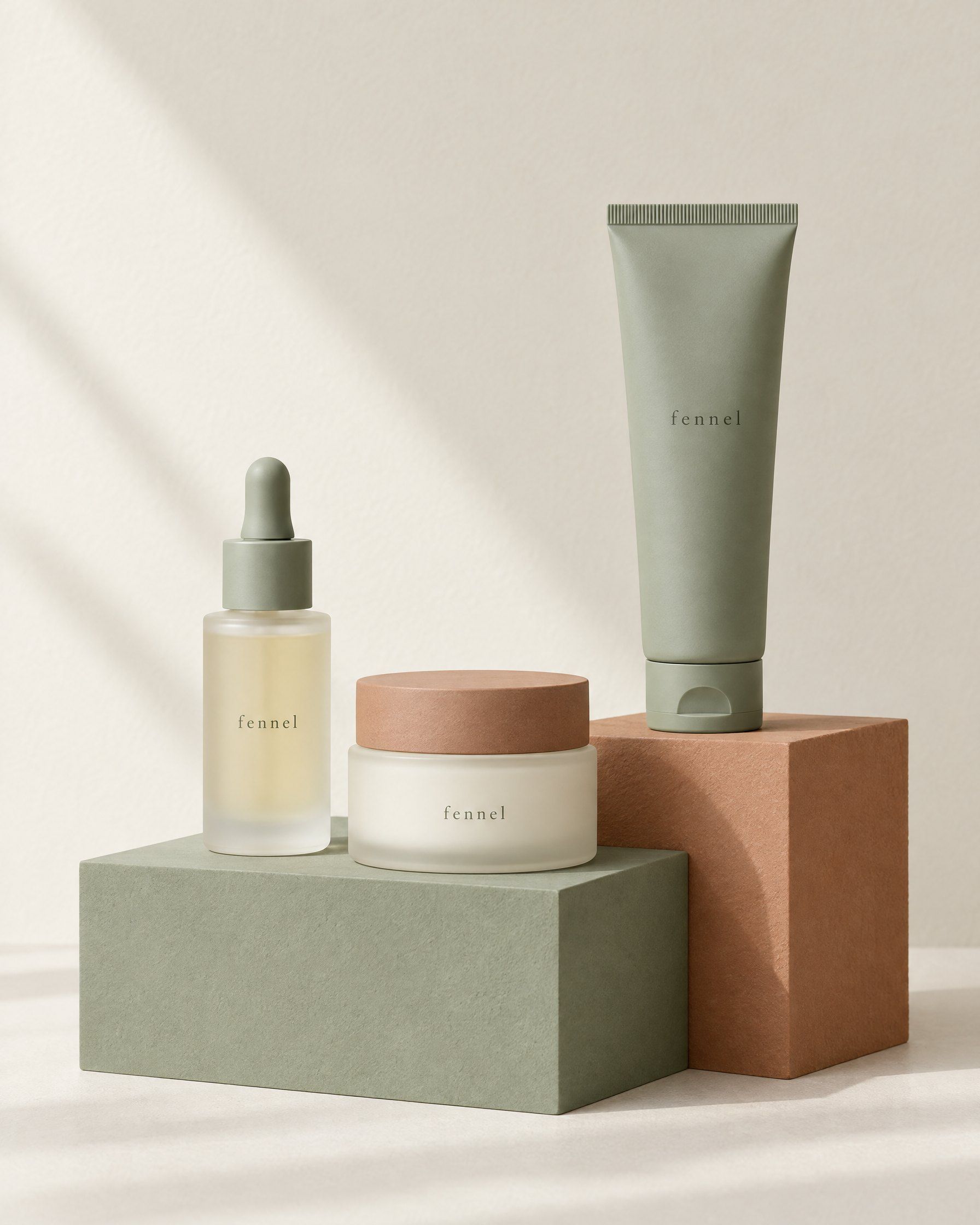 The Fennel Skin range, a serum, a cream jar and a tube, on stepped sage and clay blocks in soft daylight.