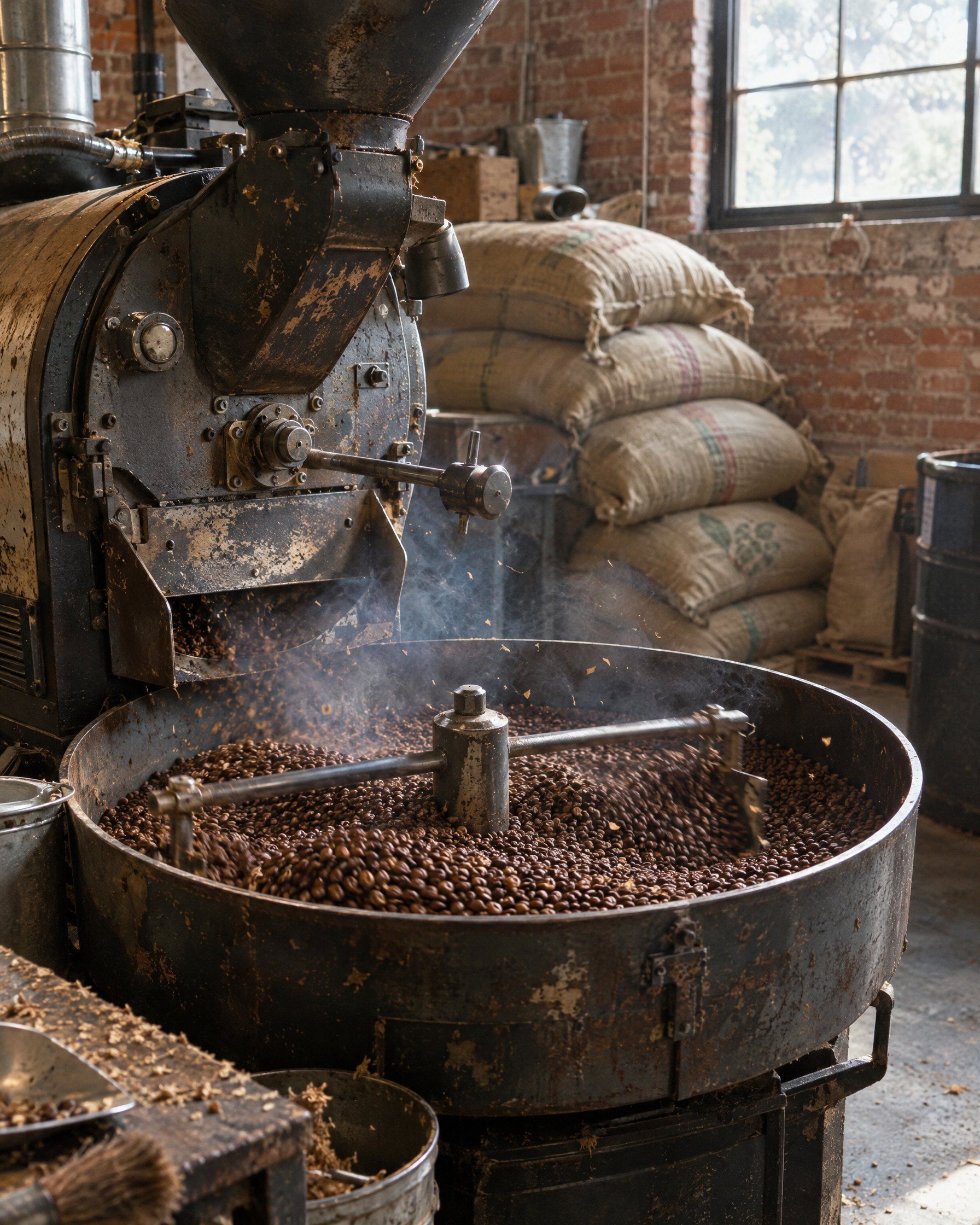 A battered cast-iron drum roaster tipping fresh beans into its cooling tray, smoke and chaff in the air, coffee sacks stacked against a brick wall.