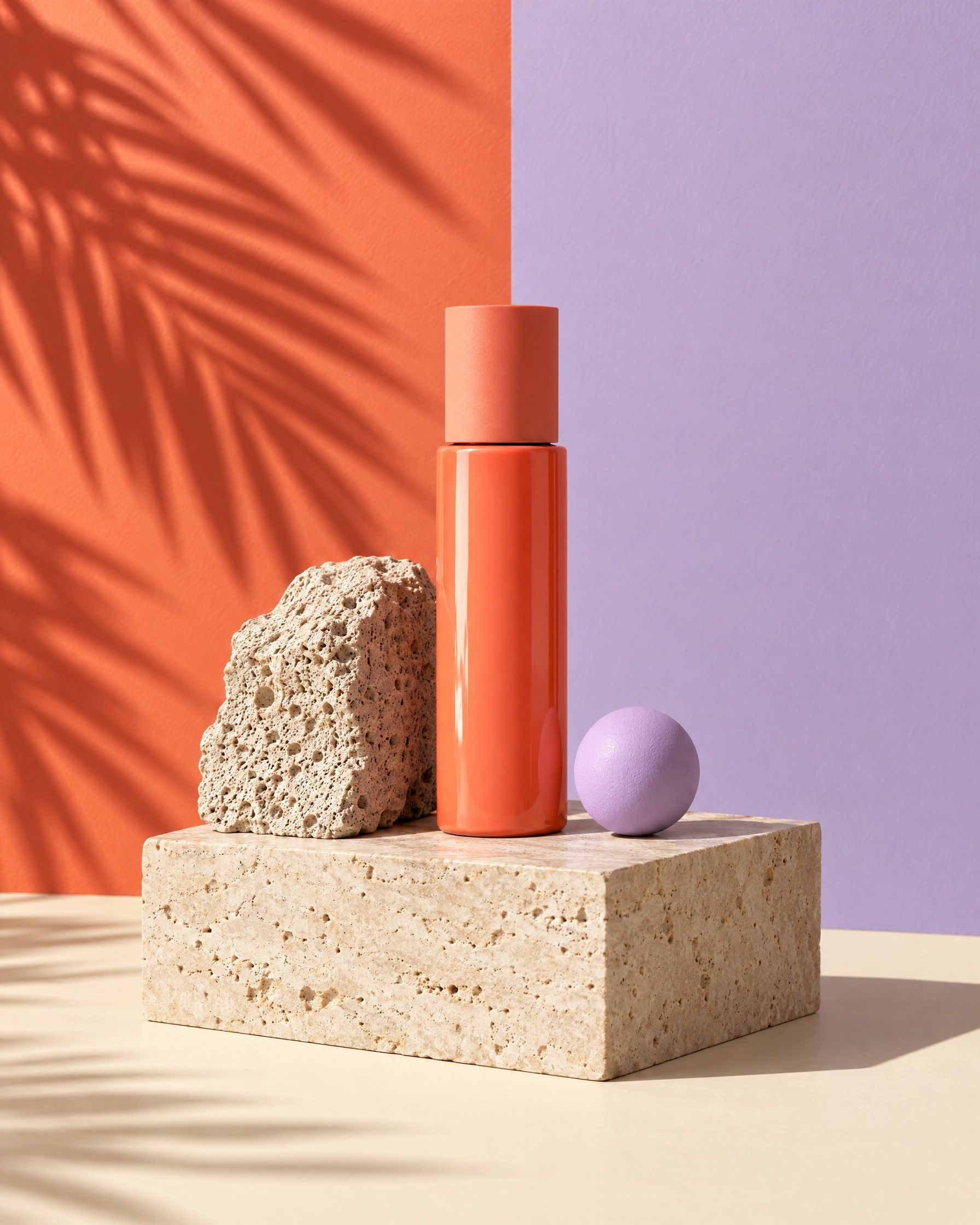 A glossy coral serum bottle on a travertine block beside pumice and a lilac sphere, with a palm shadow across coral and lilac walls.