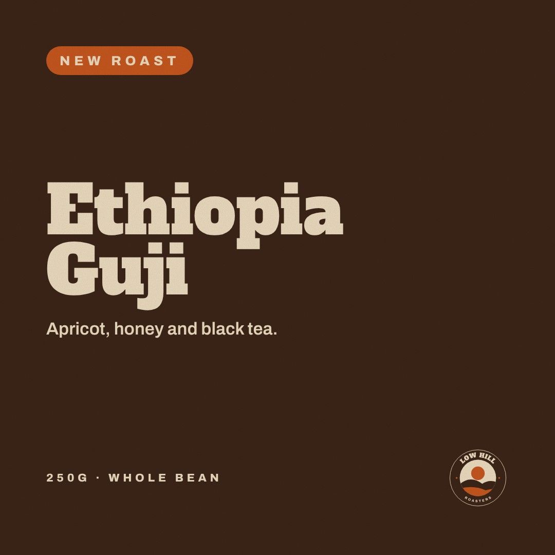Instagram post on espresso brown announcing a new roast, Ethiopia Guji, with tasting notes of apricot, honey and black tea.