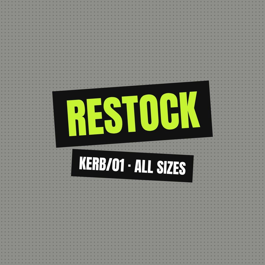 Instagram post on halftone grey with a black and lime Restock sticker.